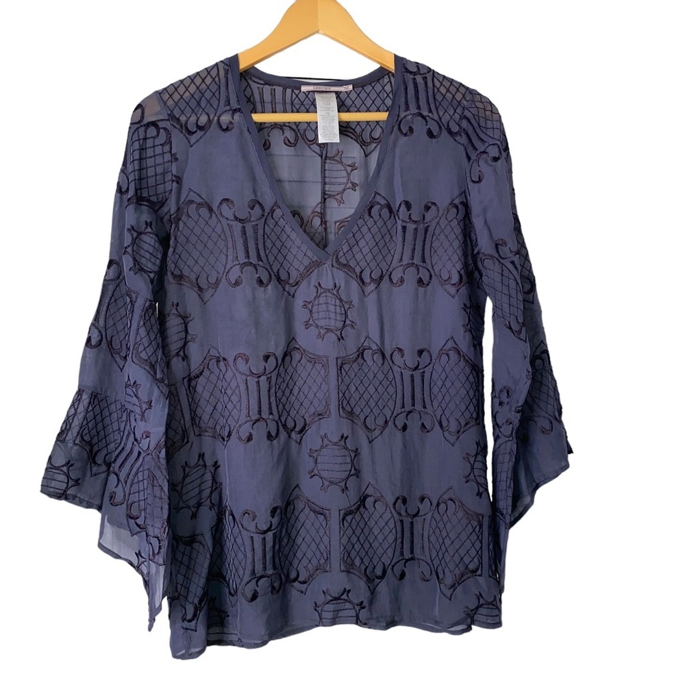 Language Silk Semi Sheer Embroidered Deep V Tunic Top Tulip Sleeves Long Line XS